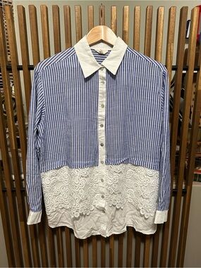 Entro Striped Lace Panel Button Down Shirt Blue White Boho Crochet Tunic